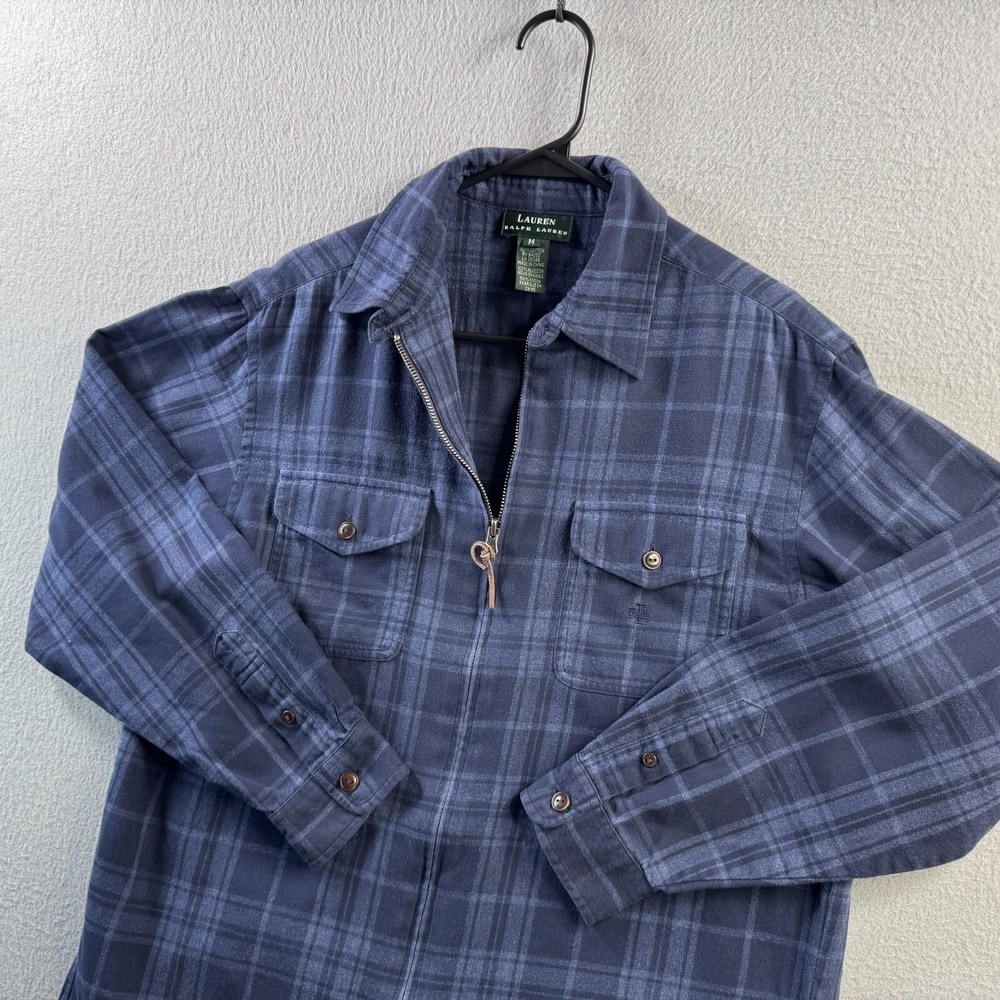 Ralph‎ Lauren Shirt Womens Medium Blue Plaid Flannel Pullover Chin Strap 1/2 Zip